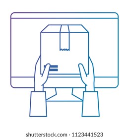 hands lifting box carton with computer