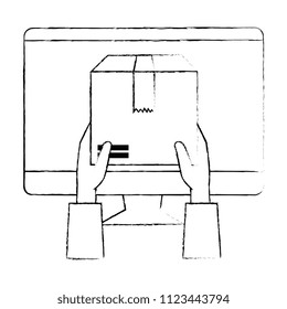 hands lifting box carton with computer