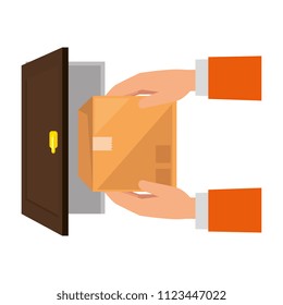 hands lifting box carton in door