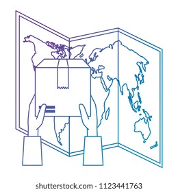 hands lifting box carton with paper map