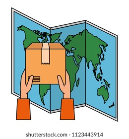 hands lifting box carton with paper map