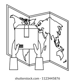 hands lifting box carton with paper map