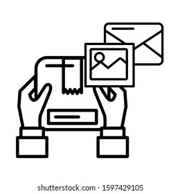 hands lifting box packing postal service vector illustration design