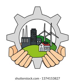 hands lifting building factory in gear