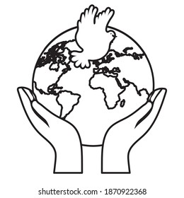 hands lifting earth planet and dove bird flying line style icon vector illustration design