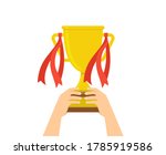 Hands lifting a gold trophy cup, isolated on white background