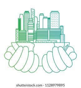 hands lifting half world with buildings