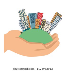 hands lifting half world with buildings