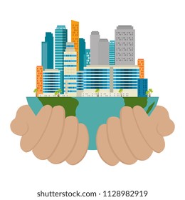 hands lifting half world with buildings
