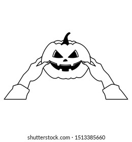 hands lifting halloween pumpkin icon vector illustration design