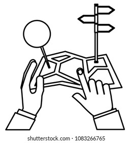 hands lifting paper plane with pin and arrows sign