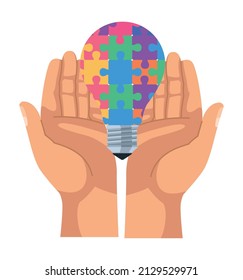 hands lifting puzzle bulb icon