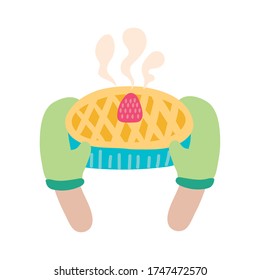 hands lifting sweet pie flat style vector illustration design