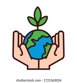 hands lifting world planet earth and plant line and fill style vector illustration design