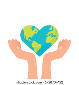 levantamiento de manos mundo planeta tierra con forma de corazón diseño de ilustración de vector