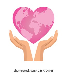 planetario mundial de levantamiento de manos con forma de corazón icono de ilustración vector diseño
