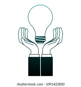 Hands with light bulb in blue lines