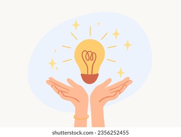 Hands with light bulb concept. Brainstorming, inspiration and insight. Human with idea and creativity. Busineessperson with start up or business project. Cartoon flat vector illustration