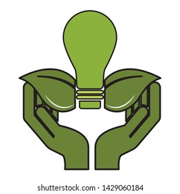 hands with light bulb leaves eco friendly environment vector illustration