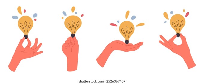 Hands with light bulbs. Glowing bulb idea metaphor, solution, innovation and creative idea flat vector illustration set. Great ideas concept