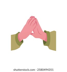 Hands with light skin and green sleeves clapping. Isolated hand gesture icon. Applause. Congratulation, appreciation, ovation, success. Flat cartoon style. Vector illustration.