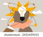 Hands with lightbulb. Business project and start up. Insight and brainstorming. Mental health and psychology. Poster or banner. Cartoon flat vector illustration isolated on grey background