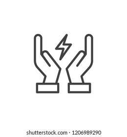 Hands and lightning outline icon. linear style sign for mobile concept and web design. Save energy simple line vector icon. Symbol, logo illustration. Pixel perfect vector graphics