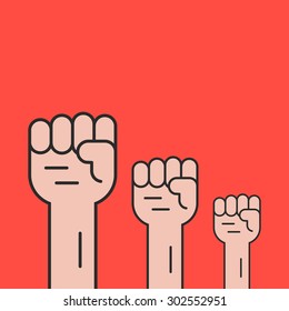 hands up like revolution protest. concept of communism, socialism, soviet, radical, patriotic, solidarity, uprising. isolated on red background. flat style trend modern logo design vector illustration