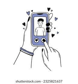 Hands liking dating app. Girl  looking for acquaintances on Internet. Photo  guy on phone. Online dating concept, doodle illustration