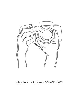 Сamera in hands line art isolated vector illustration, vintage photo camera continuous line drawing, tattoo, print and logo design, silhouette single line on a white background. 