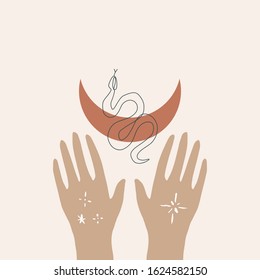 Hands With Line Art Snake And Moon Symbol. Alchemy, Boho And Witchcraft Concept. Sacred Geometry. Vector Illustration. Clipart Image.