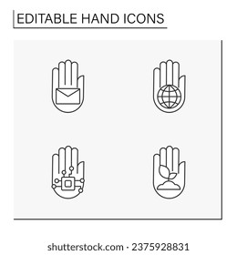 Iconos de la línea de manos establecidos. Accesibilidad para todas las esferas. Educación, agricultura, salud. Concepto de gesto. Ilustración vectorial aislada. Trazo editable