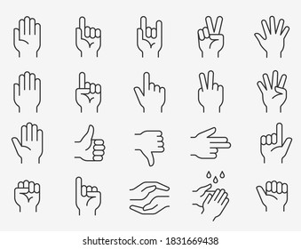 Hands line icons set. Black vector illustration. Editable stroke.