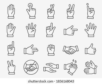 Hands line icons set. Black vector illustration. Editable stroke.