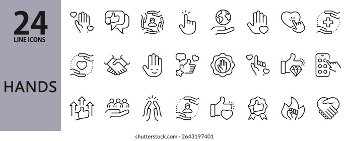 Hands line icons set with Friendship, Support, Prayer, Respect, Helping, Trust and more. Editable Stroke