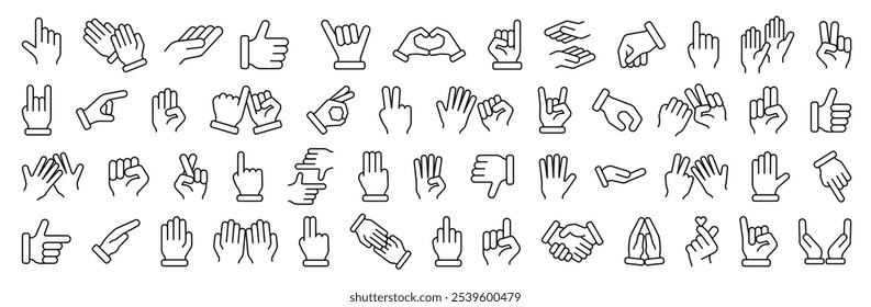 Hands line icons set. Hand gesture emojis. signs and gestures with hands and fingers, handshakes.