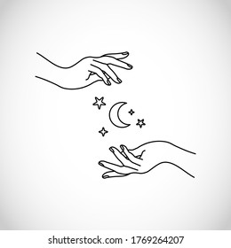 Hands line style with moon and stars vector, boho, hipster, sacred	
