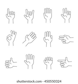Hands line vector icons set. Human hands gesture and illustration pointer and direction hand