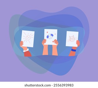 Hands of little artists holding up cute kids pencil drawings. Children learning to draw on paper flat vector illustration. Kindergarten, art concept for banner, website design or landing web page