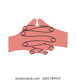 Hands in the lock. Gesture. Color trendy vector illustration. Index, middle, ring, little fingers and thumb