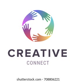 Hands Logo. Abstract Logo Design. Vector Concept Or Conceptual Circle Spiral Of Colorful Hand Symbols