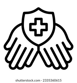 Hands with logo of clinic line icon, animal hospital concept, medical pharmacy sign on white background, hands hold shield with cross icon in outline style for mobile, web. Vector graphics
