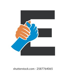 Hands Logo Combine With Letter E Vector Template