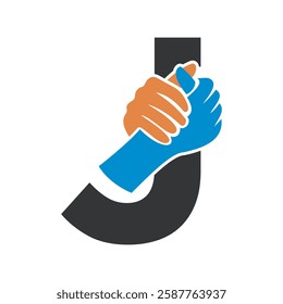 Hands Logo Combine With Letter J Vector Template