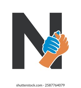 Hands Logo Combine With Letter N Vector Template