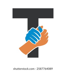 Hands Logo Combine With Letter T Vector Template