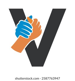 Hands Logo Combine With Letter V Vector Template