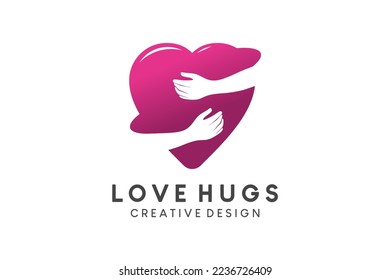Hands logo hugging love heart, romantic vector illustration, valentin