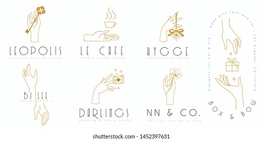 Hands logo set in minimalist line style