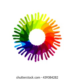 Hands logo template. Concept logotype design for the team, teamwork, fund, association, community, charity and volunteer, social project and etc. Vector graphic illustration.